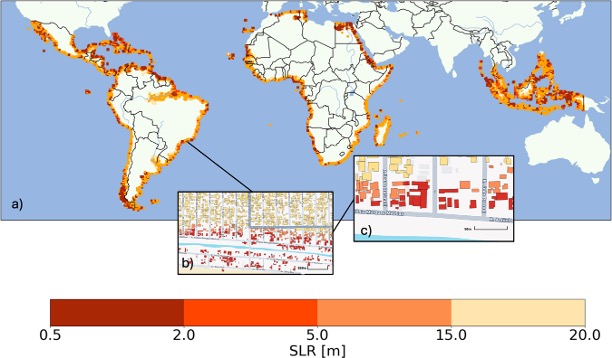 Map with red-orange highlights showing coastal regions in Africa, Southeast Asia, and Central and South America where buildings exposed to various levels of sea-level rise.