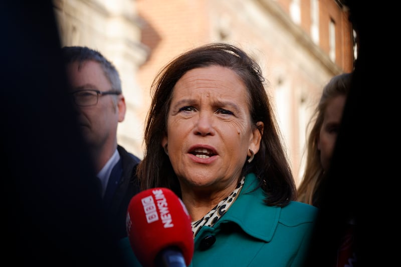 Sinn Fein leader Mary Lou McDonald speaking to media at Dublin Castle on Saturday. Photograph: Alan Betson/The Irish Times
