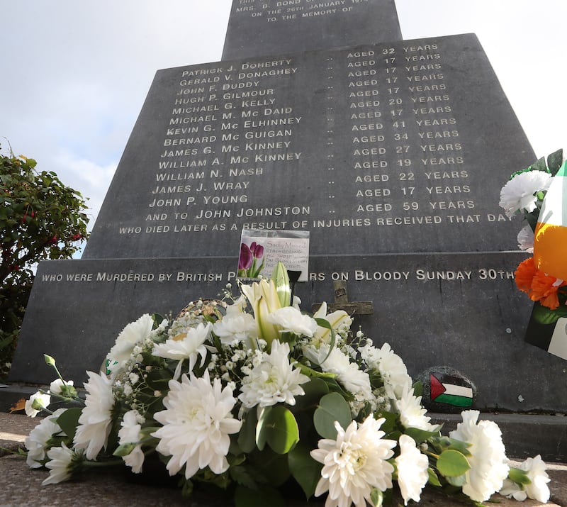 The families begin to gather at the Bloody Sunday monument in the Derry Bogside after getting off the bus from Belfast on the day that Soldier F was found not guilty of murder. PICTURE: MARGARET MCLAUGHLIN  23-10-2025