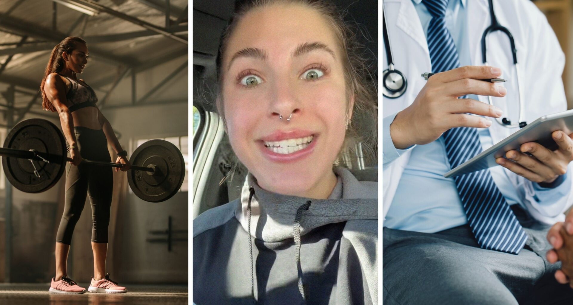 woman lifting weights (l) woman shares Doctor visit results (c) doctor reading results (r)