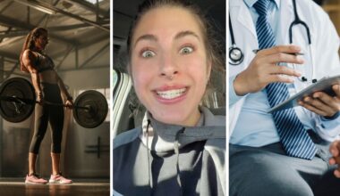 woman lifting weights (l) woman shares Doctor visit results (c) doctor reading results (r)