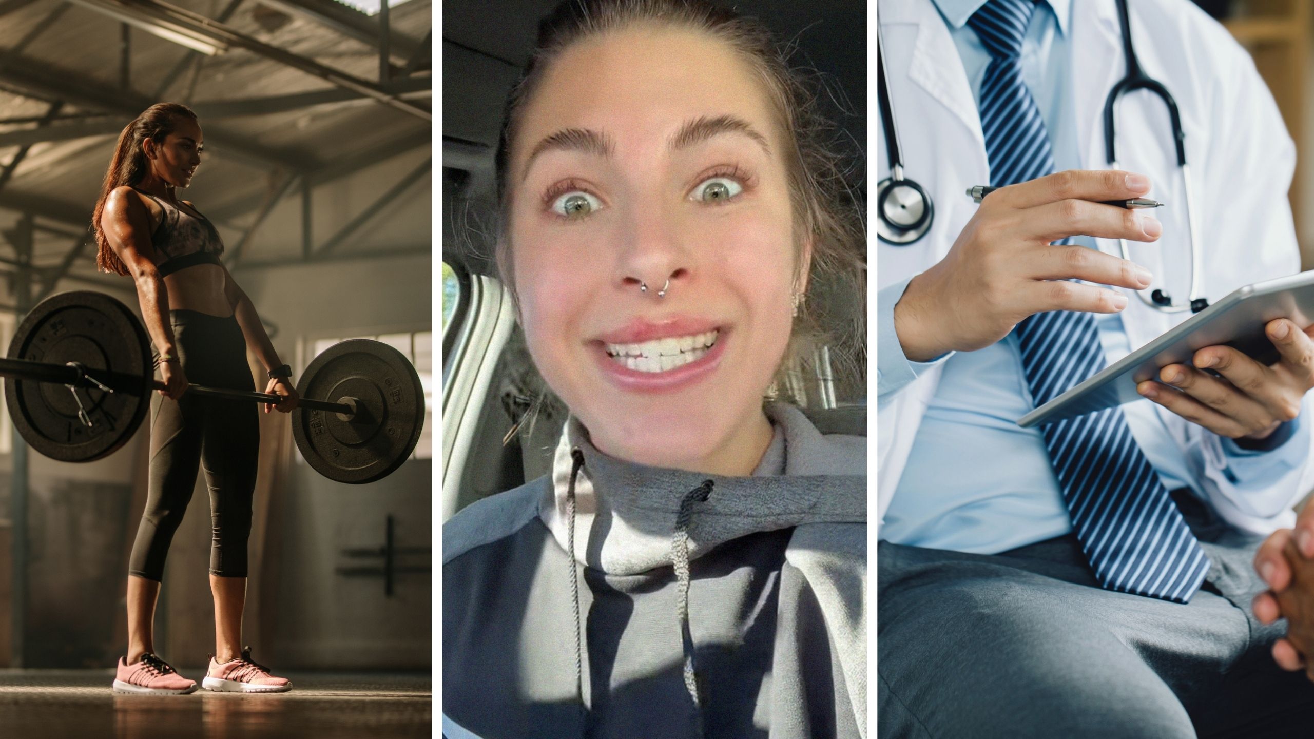 woman lifting weights (l) woman shares Doctor visit results (c) doctor reading results (r)