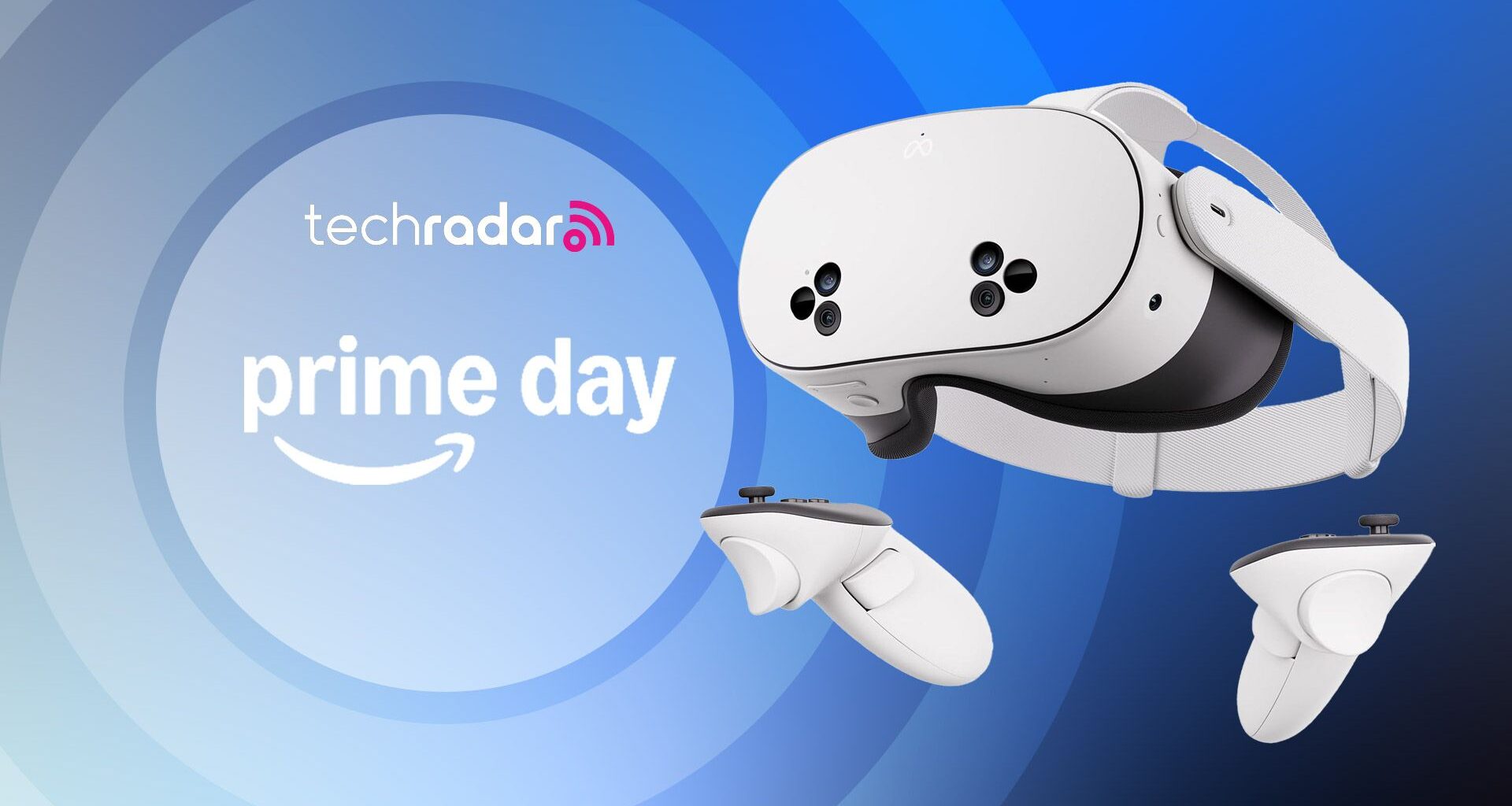 Meta Quest 3S VR headset on a blue background with &quot;Prime Day&quot; text in white.