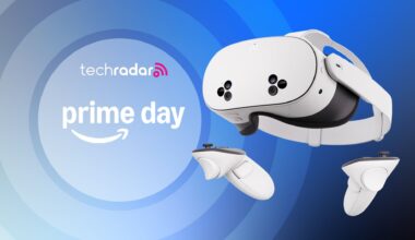 Meta Quest 3S VR headset on a blue background with &quot;Prime Day&quot; text in white.