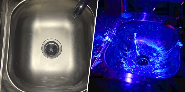 'Cleaned' sink on the left under normal lighting compared to light of same sink showing contamination