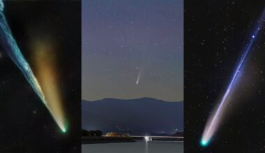 Three bright comets, each with a glowing tail, streak across night skies in separate panels; the center comet appears over mountains and a body of water, while the other two comets are set against star-filled skies.