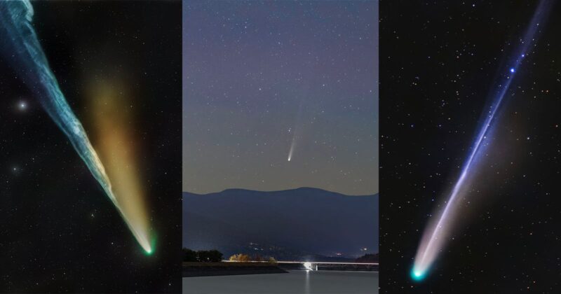 Three bright comets, each with a glowing tail, streak across night skies in separate panels; the center comet appears over mountains and a body of water, while the other two comets are set against star-filled skies.