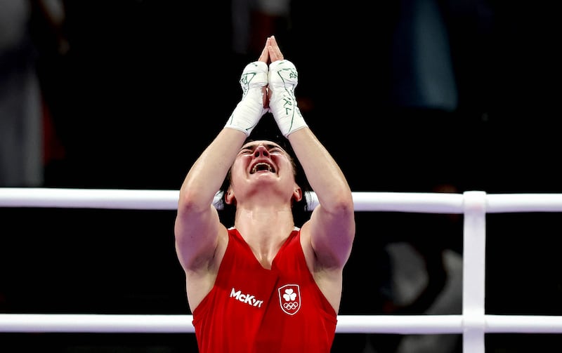 Kellie Harrington celebrates after beating Brazil's Beatriz Ferreira to reach the women's 60kg final at the Paris Olympics. Photograph: Ryan Byrne/Inpho