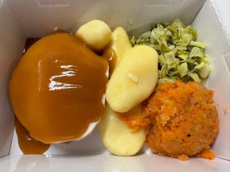 Chicken and gravy with potatoes, carrots and cabbage. A meal option from FreshToday's 2024/25 winter menu that Kiya's children opted for.