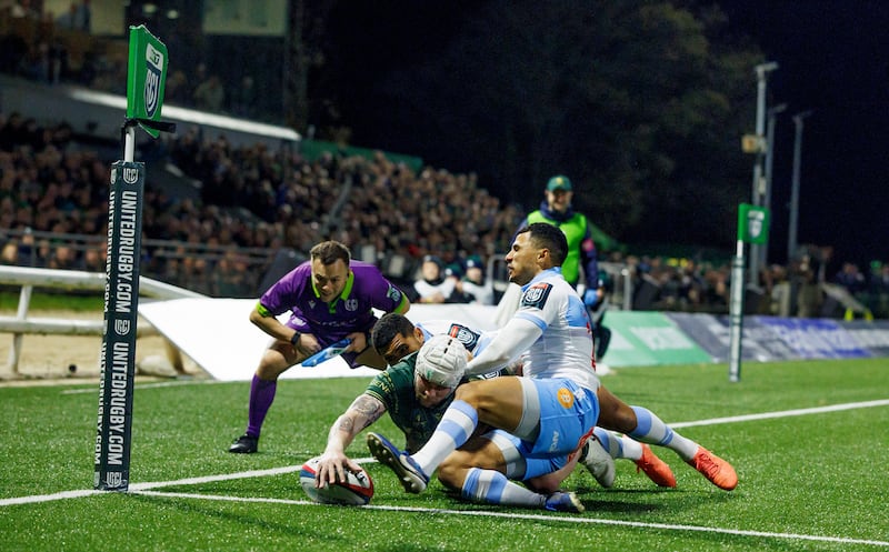 Connacht’s Mack Hansen scores a late try at Dexcom Stadium in Galway. Photograph: James Crombie/Inpho