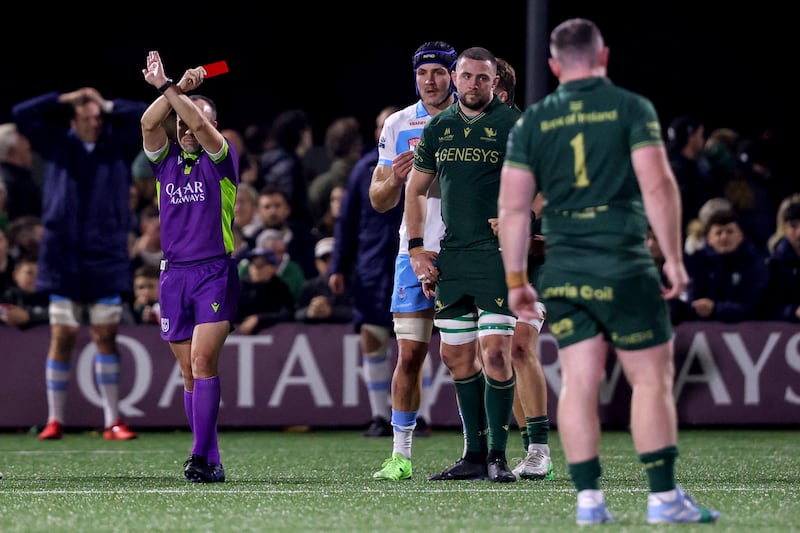 Connacht's Josh Murphy receives a 20-minute red card from referee Mike Adamson. Photograph: Ben Brady/Inpho