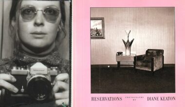 A black and white photo of a woman holding a camera is on the left; on the right, a book cover reads “Reservations Photographs by Diane Keaton” with an image of a chair, table, and plant against a pink background.