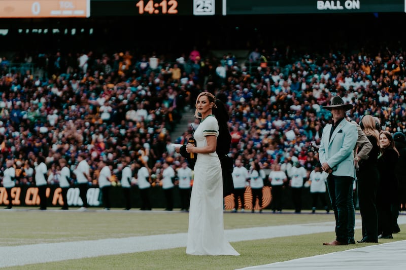 Lyra performing at the NFL game in Dublin. Photograph: Mikey Aldridge