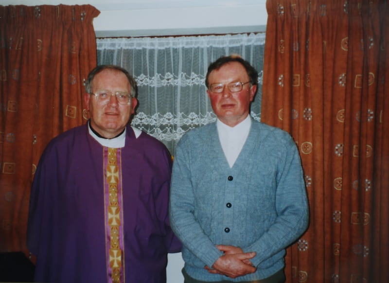 Tom Niland with former parish priest of Skreen and Dromard Fr Michael O'Hora, when Niland hosted Station Mass for the area in his home some years ago