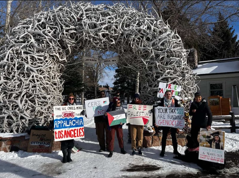 A Palestinian solidarity protest at the famous antler arch in Jackson, Wyoming