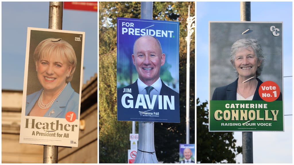 Irish presidential election 2025: campaign posters for Heather Humphreys, Jim Gavin and Catherine Connolly. All photographs: Dara Mac Dónaill