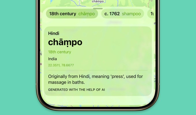 A screenshot of the Lookup app with a map view showing origin of a word.