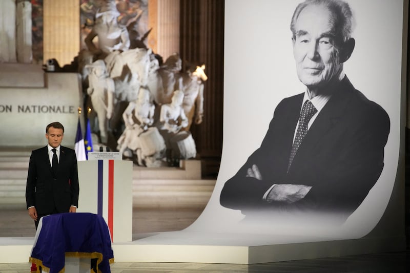 Emmanuel Macron in the Panthéon during a ceremony for the late former French justice minister Robert Badinter on Thursday. Photograph: Christophe Ena/Pool/AFP via Getty Images          