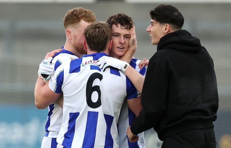 Ballyboden St Endas’ Rory O’Dwyer, Peter Healy and Callum O'Dwyer celebrate. Photograph: Bryan Keane/Inpho