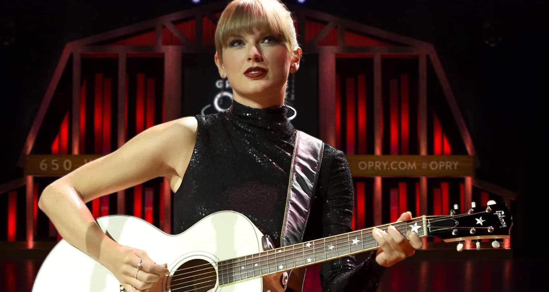 Former country star Taylor Swift performs with an acoustic guitar, marking her milestone as the first woman to sell over 100 million albums.