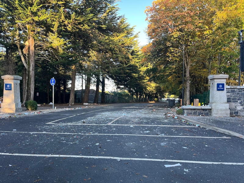 The aftermath on Wednesday morning of rioting outside Citywest Hotel on Tuesday night during which a Garda van was set on fire by rioters. Photograph: Sarah Burns