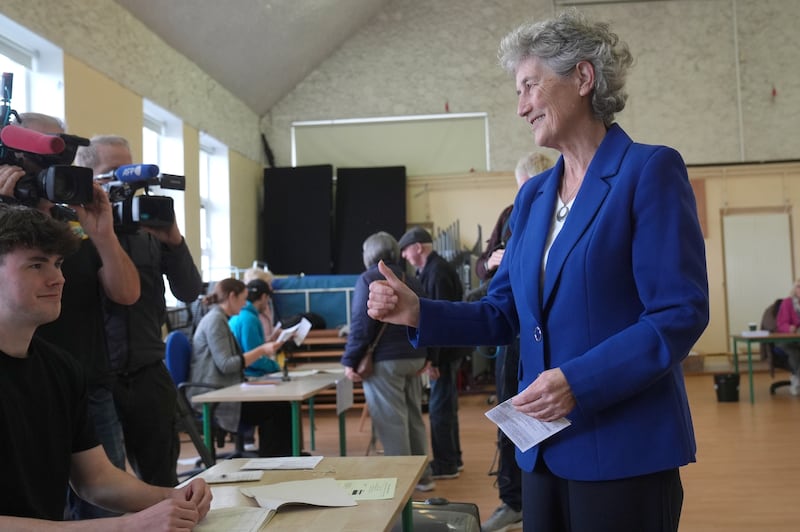 Independent candidate Catherine Connolly at Claddagh National School in Galway city after casting her vote today. Photograph: Brian Lawless/PA Wire