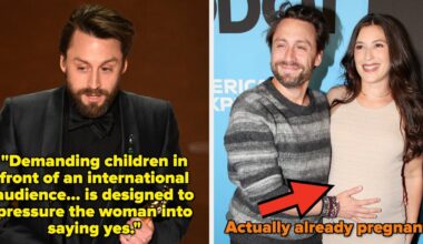 Left: Person holding an award in formal wear. Right: Person in a shiny suit smiling on stage. Text: