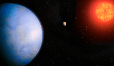 Super-Earth: Bluish planet with clouds on the left and bright reddish star on the right. A smaller planet or moon is between them.