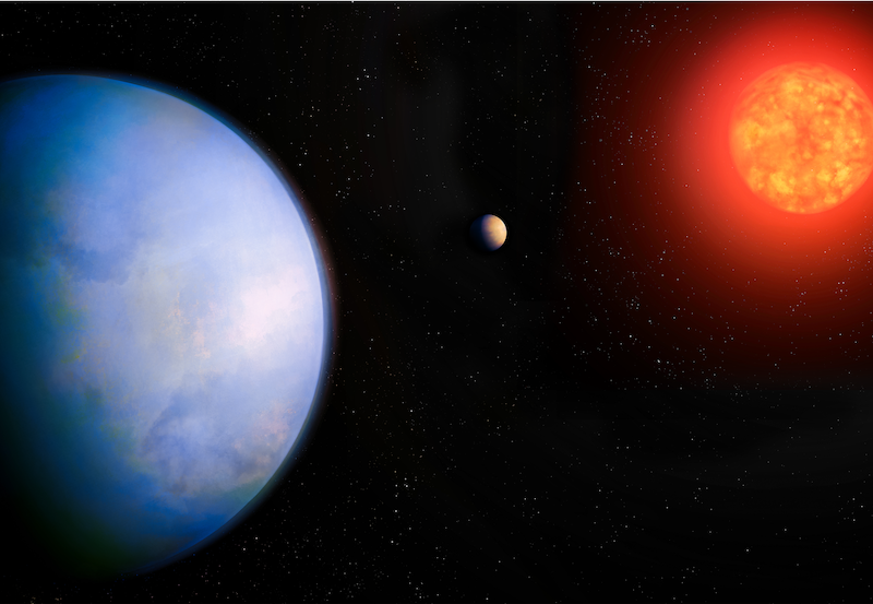 Super-Earth: Bluish planet with clouds on the left and bright reddish star on the right. A smaller planet or moon is between them.