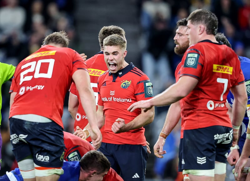 BKT United Rugby Championship, Croke Park, Dublin 18/10/2025 Leinster vs Munster  Munster's Jack Crowley celebratesMandatory Credit ©INPHO/Dan Sheridan