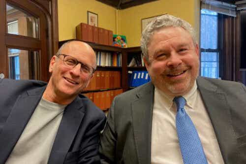 Harry Levant (left) and Mark Gottlieb, both of the Public Health Advocacy Institute at the Northeastern University School of Law in Boston, are advocating for stronger gambling regulations nationwide. (Karen Brown/New England Public Media)