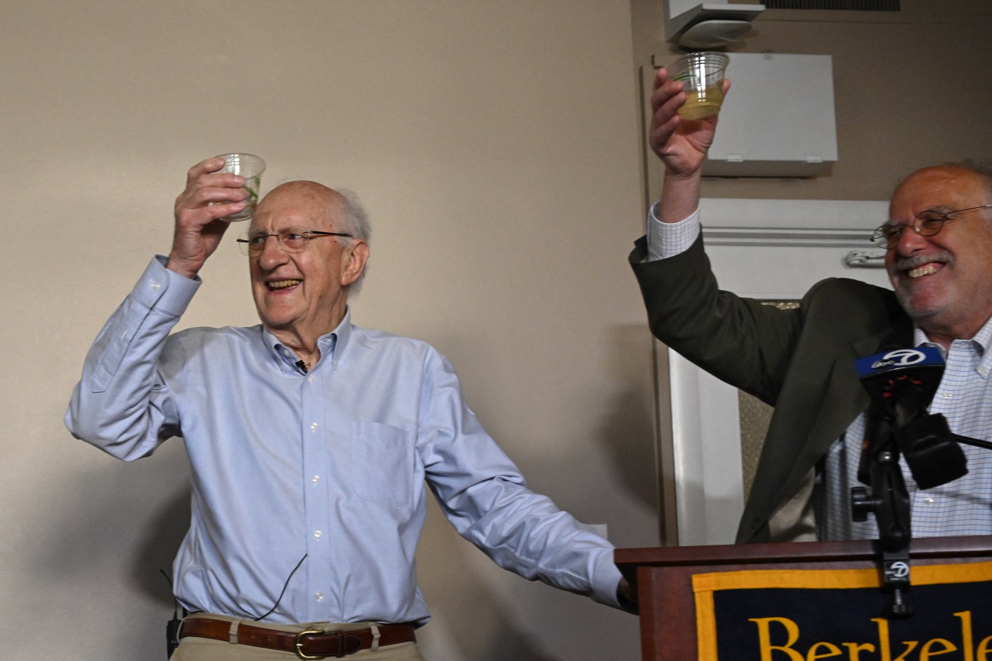 John Clarke (left), emeritus professor of physics at the University of California, Berkeley, on October 7, 2025. (Photo: Karl Mondon/AFP/Getty Images)