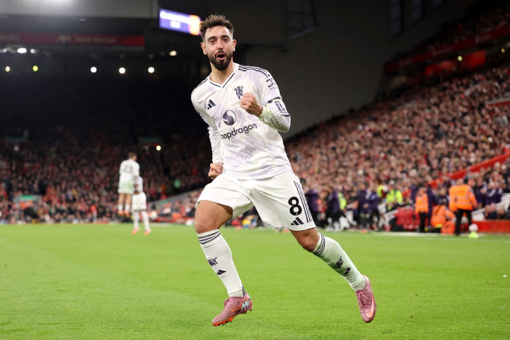 Bruno Fernandes celebrates after Harry Maguire's goal in Manchester United's victory against Liverpool at Anfield