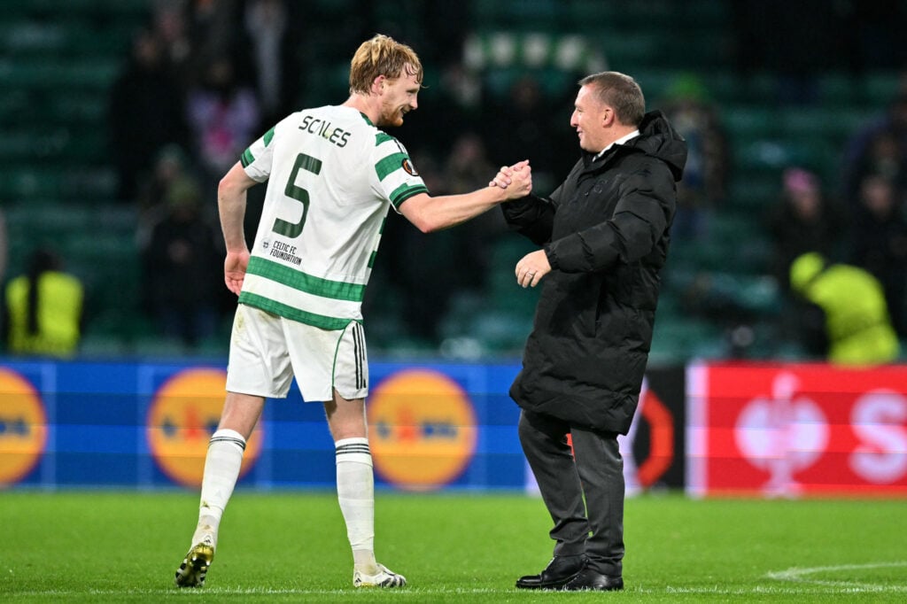 Brendan Rodgers and Liam Scales after Celtic's win vs Sturm Graz