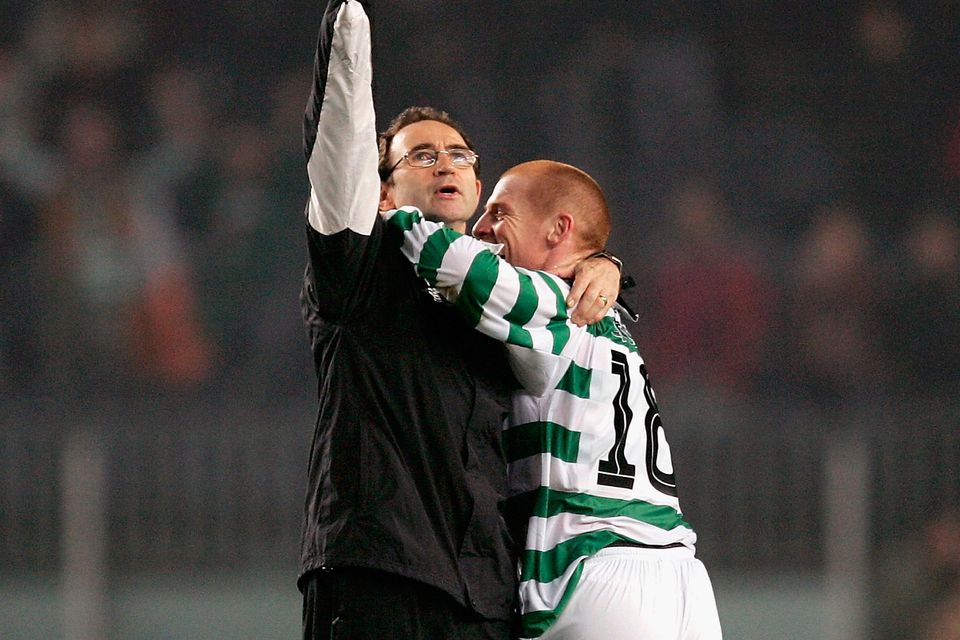 Martin O'Neill hugs Neil Lennon after a Champions League game with Barcelona in 2004, during his first spell in charge of Celtic