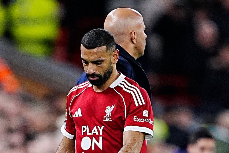 Liverpool's Mohamed Salah after being taken off against Manchester United. Photograph: Peter Byrne/PA Wire