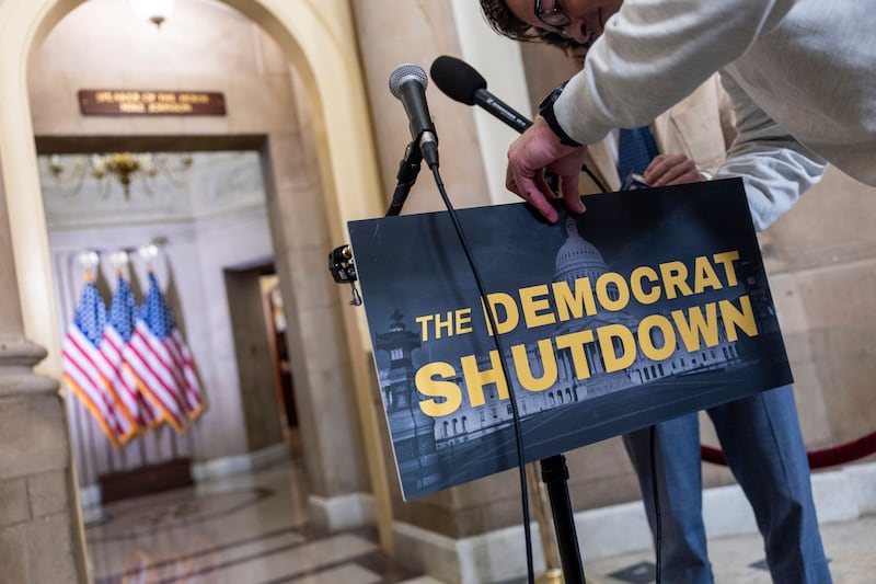House staffers set up for a government shutdown press conference of the US speaker of the house in the US Capitol in Washington, DC. Photograph: EPA