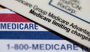 A Medicare Advantage PPO card rests on top of a Medicare card in Portland, Ore., in 2024.