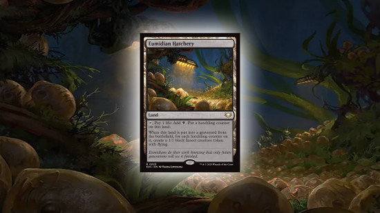 The card Eumidian Hatchery, which spiked in price recently, overlaid over its own artwork.