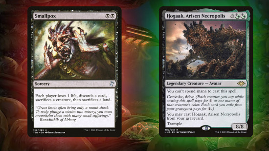 The cards Hogaak, Arisen Necropolis and Smallpox both of which are featured in the new legacy deck that also utilizes Eumidian Hatchery.