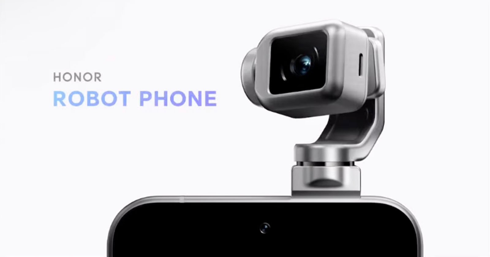 A close-up of a smartphone with a robotic camera module attached on top. The words "Honor Robot Phone" appear on the left side of the image. The background is plain and light-colored.