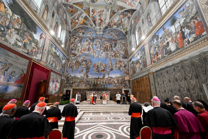Archbishop of York Stephen Cottrell, Pope Leo XIV, King Charles  and Queen Camilla in the Sistine Chapel in Vatican City. Photograph: PA