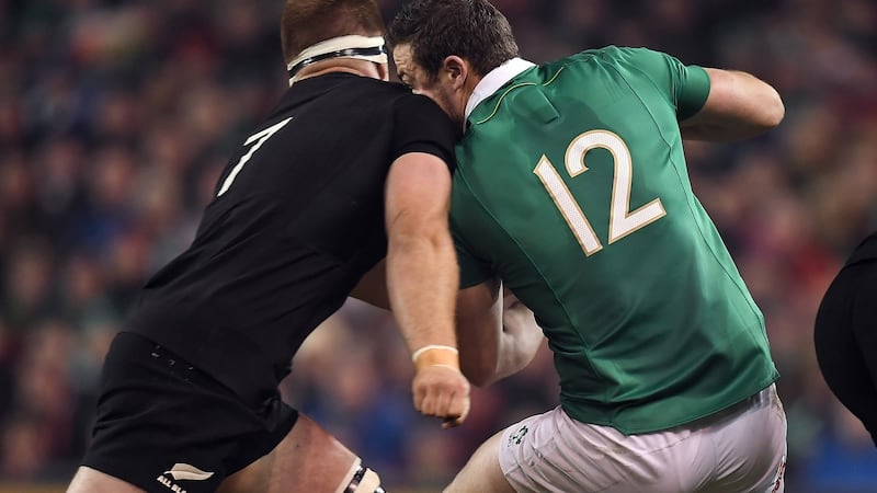 Ireland's Robbie Henshaw was carried off the pitch on a stretcher following this tackle by Sam Cane of New Zealand at the Aviva Stadium in 2016. Photograph: Brendan Moran/Sportsfile via Getty Images