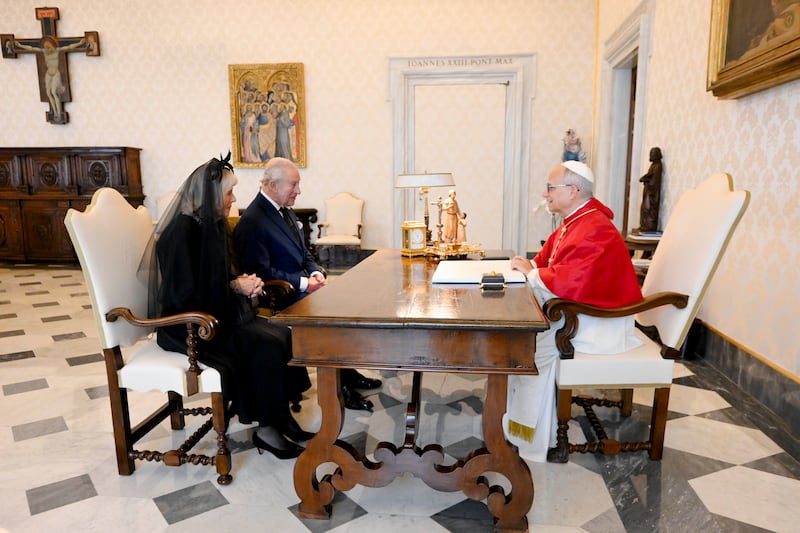 Pope Leo meets with King Charles and Queen Camilla during an audience at the Apostolic Palace. Photograph: Simone Risoluti/Vatican Media/Getty Images
