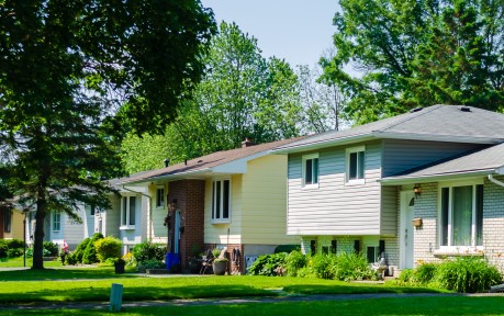 Photo: Panorama of sunlit small suburban houses on a tree-lined street in the summer