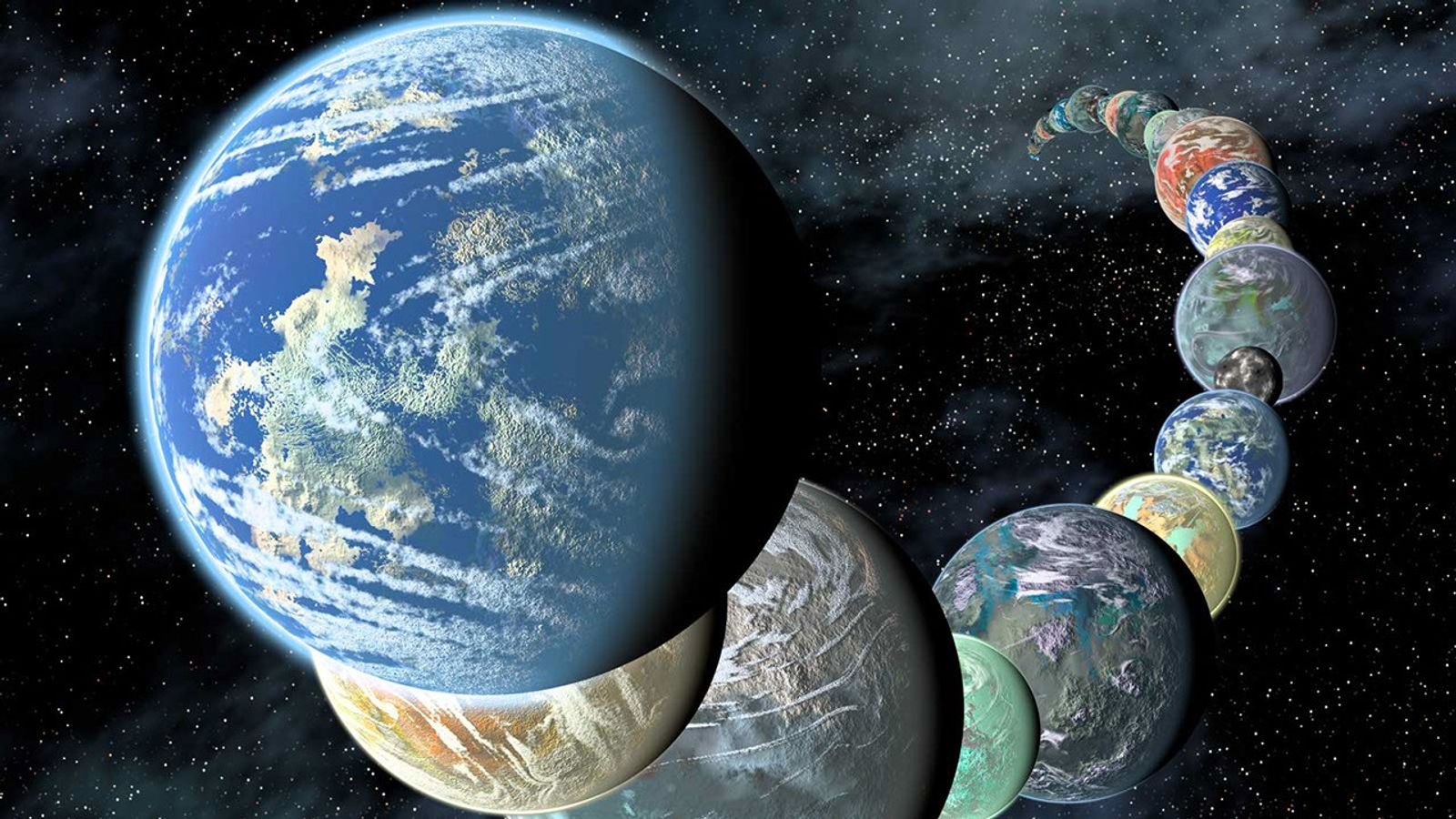 A variety of different rocky planets are shown in this illustration. New research shows how different types of rocky planets form depending on how old the galaxy they're forming in is. It's all because of stellar nucleosynthesis. Image Credit: NASA/JPL-Caltech/R. Hurt