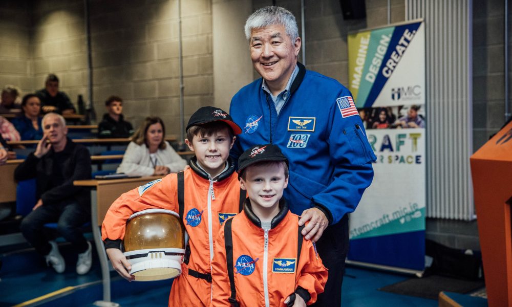 Pictured with former NASA astronaut Dan Tani were brothers Theo and Hugh Egan of Killinure National School, Boher. Co. Limerick. space week 2025