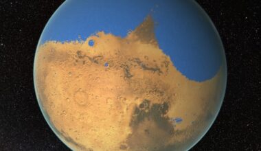 Ocean on Mars: Planet with ocean over most of the northern hemisphere, and reddish cratered terrain in southern hemisphere.