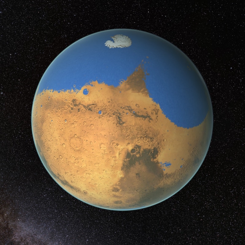 Ocean on Mars: Planet with ocean over most of the northern hemisphere, and reddish cratered terrain in southern hemisphere.
