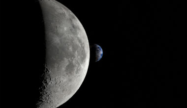 An image of the moon, half-cloaked in shadow, with the Earth way off in the distance.